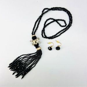 Vintage Flapper Style Black cut Crystal Tassel Necklace with Matching Earrings